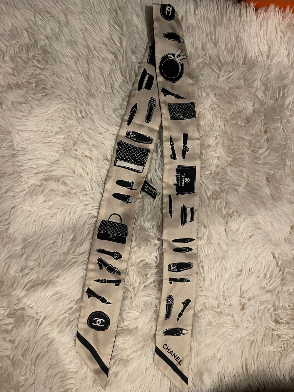 CHANEL Black and Beige Silk Twilly with Fashion Icon Print
